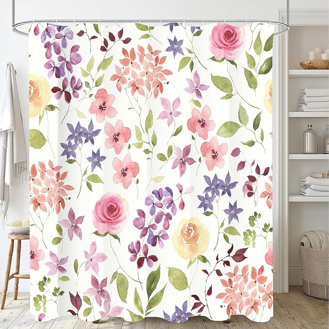Watercolor Floral and Green Leaves Shower Curtains, Waterproof Fabric Colorful Rustic Ivory Botanical Bathroom Shower Curtain, 72 x 72 Inch