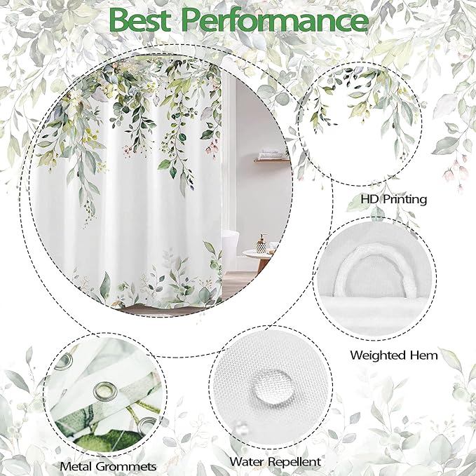kampdream Eucalyptus Plant Rustic Shower Curtain, Watercolor Leaves On The Top Country Farm House Shower Curtain, Spring Botanical Bathroom Curtain 72 ×84 Inch