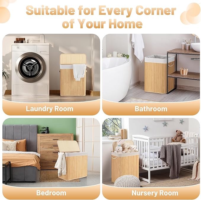 Aliphon 72L Slim Laundry Hamper with Lid, Foldable Bamboo Clothes Laundry Basket with Handles, Removable and Machine Washable Liner, for Bedroom, Bathroom, Dorm, Natural Beige