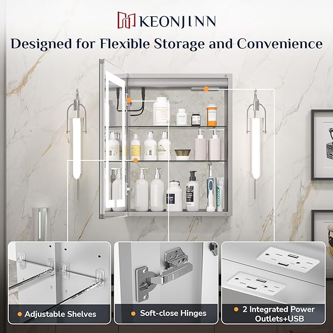 Keonjinn 16x24 Inch Lighted Medicine Cabinet for Bathroom with Outlets, Anti-Fog Lighted Medicine Cabinet with Mirror 3 Colors Dimmable, Tempered Glass UL Listed Front Lit Bathroom Mirror with Storage