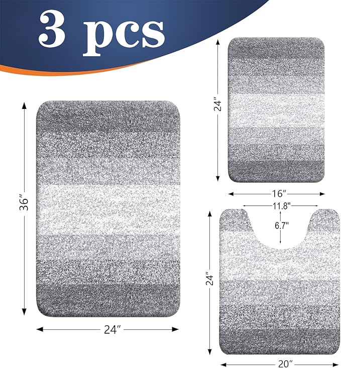 OLANLY Bathroom Rugs Sets 3 Piece, Soft Absorbent Microfiber Bath Mats and U-Shaped Contour Toilet Rug, Plush Shaggy Bath Mat Set for Bathroom (36"x24"+24"x16"+24"x20", Light Grey)