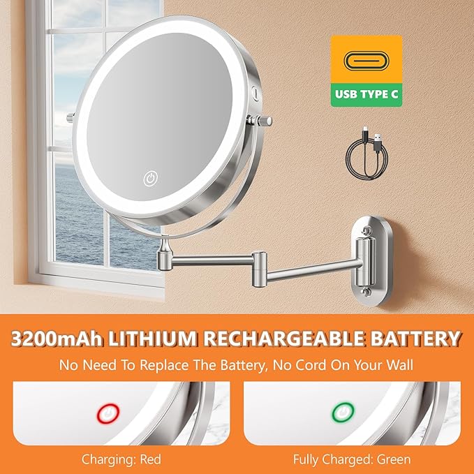 Auxmir 8'' Wall Mounted Lighted Makeup Mirror, 3200mAh Rechargeable Double-Sided 1X/20X Magnifying Mirror with Light, Touch Dimmable 3 Color Light, 360° Rotation Foldable Extended Arm, Chrome
