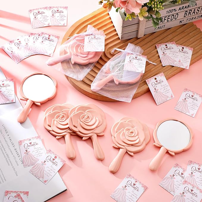 Sintuff 50 Sets Quinceañera Party Favors for Guests, 50 Pack Rose Compact Mirrors Bulk with Thank You Cards & Organza Bags, Souvenirs for Girls