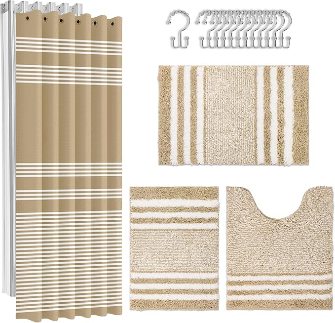 Britimes Beige Stripes Bathroom Sets with Shower Curtain and Rugs, Minimalist Modern Striped Waterproof Shower Curtain Liner and Soft Non Slip Bath Mat for Bathroom Decor and Accessories Hooks