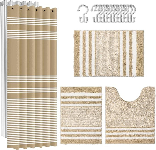 Britimes Beige Stripes Bathroom Sets with Shower Curtain and Rugs, Minimalist Modern Striped Waterproof Shower Curtain Liner and Soft Non Slip Bath Mat for Bathroom Decor and Accessories Hooks