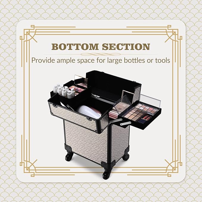 BYOOTIQUE Rolling Makeup Train Case Cosmetology Organizer Box Art Deco Graphite