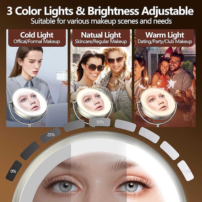 10X Magnifying Mirror with Light, Rechargeable 9" Lighted makeup mirror with magnification, 3 Color Modes, Adjustable Brightness, No Assembly Required, 360° Rotation Cosmetic Mirror, Pearl Nickel