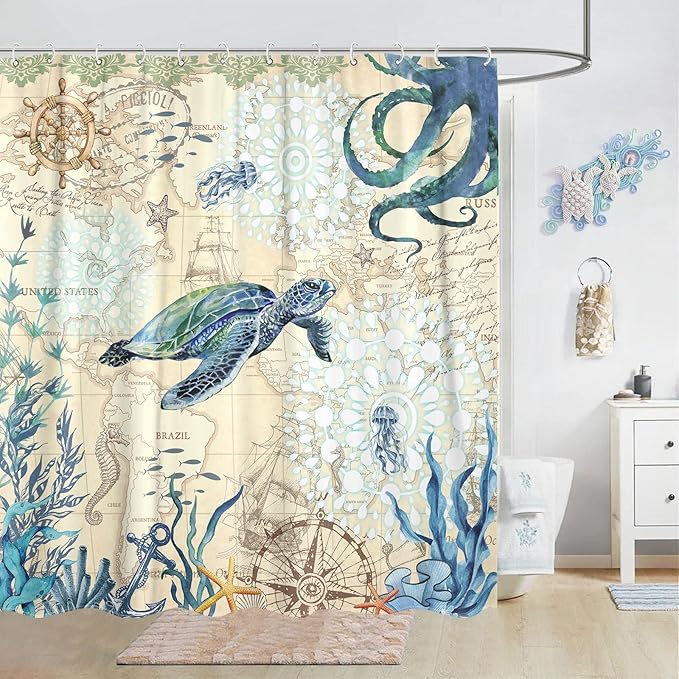 Aipon Nautical Sea Turtle Shower Curtain Octopus Ocean Teal Fish Animal Seashell Jellyfish Theme Extra Long Fabric Waterproof Shower Curtains for Bathroom Bath Curtain Decor (72'' × 78'', Teal)