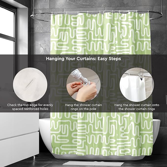 Encasa XO Shower Curtains for Bathroom 72x72 in with 10 Hooks | Waterproof Shower Liner Curtain | Premium Polyester Machine Washable Curtain for Bathroom - Boho Maze Sage