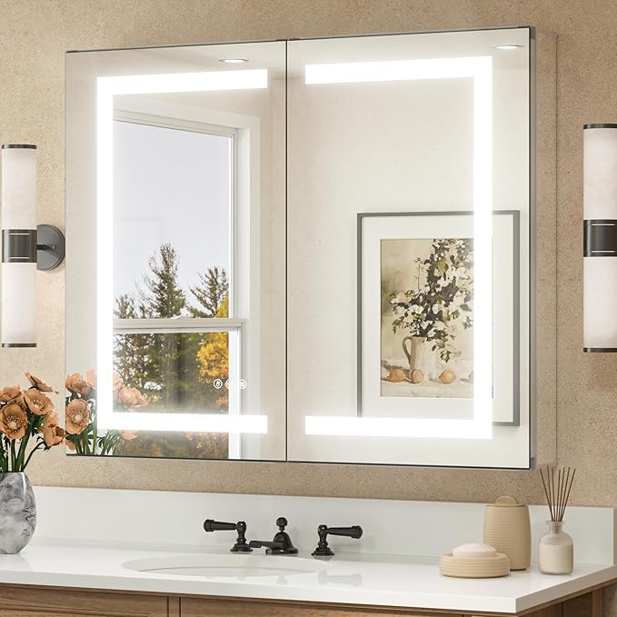 TETOTE LED Lighted Bathroom Medicine Cabinet Mirror with Lights 36 x 30 Recessed or Wall Mounted Cabinet with 2 Door, Tempered Glass, Outlets & USB, 3-Color Stepless Dimming, Defog, Adjustable Shelf
