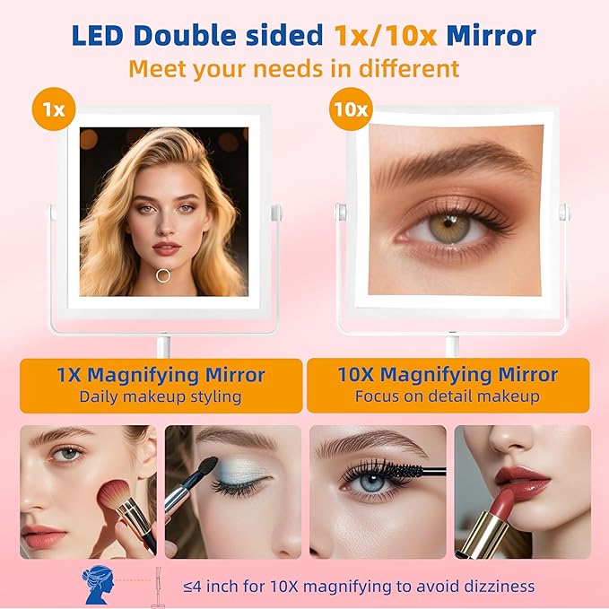 Ruacq Makeup Mirror with Lights, 4000mAh Rechargeable Magnifying Mirror with Light, 1X/10X, Height Adjustable Bathroom Vanity Mirror, 3 Colors, Adjustable Brightness (White)