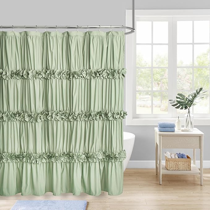 Sage Ruffle Shower Curtain, Vintage Handcrafted Bow Tie Bath Curtain for Master Bathroom, Ruched Microfiber Bathroom Curtain with 12 Buttonholes, 72" W x 72" H (LQ-10)