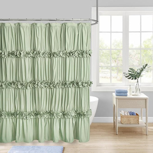 Sage Ruffle Shower Curtain, Vintage Handcrafted Bow Tie Bath Curtain for Master Bathroom, Ruched Microfiber Bathroom Curtain with 12 Buttonholes, 72" W x 72" H (LQ-10)