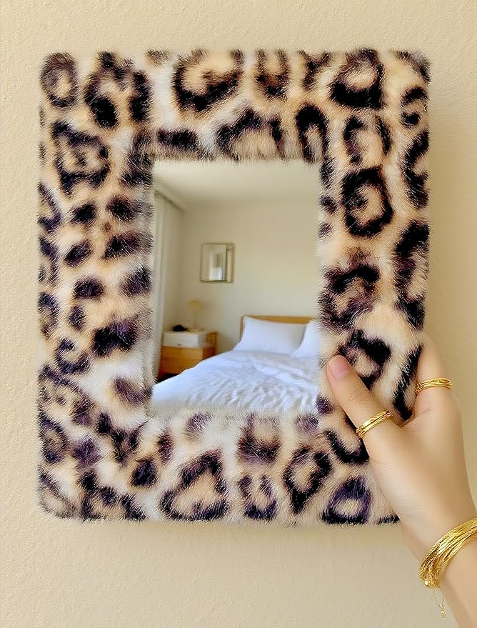 Small Cool Makeup Mirror for Desk and Wall, Gold Desk Wall Mirror, Y2K 2000S Leopard Cheetah Print Stockholm Dorm Room Home Decor for Bedroom Aesthetic