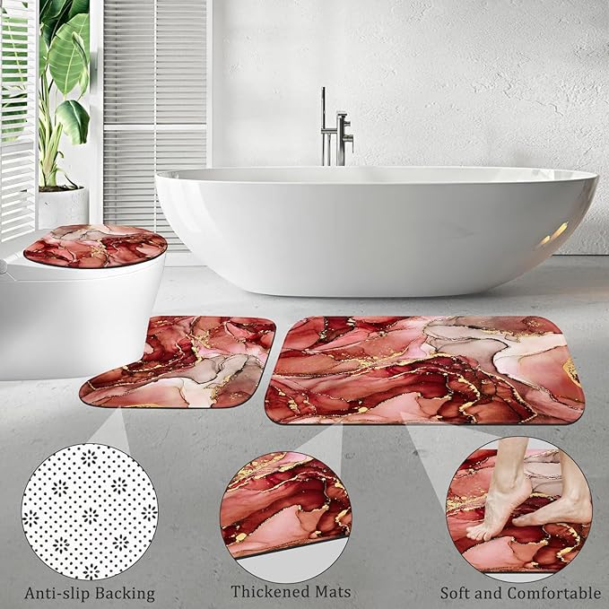 4PCS Burgundy Red Marble Shower Curtain Sets with Rugs, Abstract Bathroom Sets with Shower Curtain Rugs, Luxury Bathroom Curtains Shower Set with Toilet Lid Cover Modern for Bathroom Decor