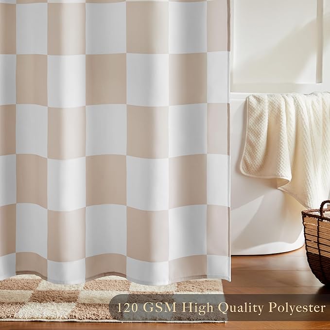 Checkered Shower Curtain, Beige Shower Curtains for Bathroom, Cute Retro Checkboard Shower Curtain Vintage Aesthetic, Washable Fabric Bath Curtain 72''x72''