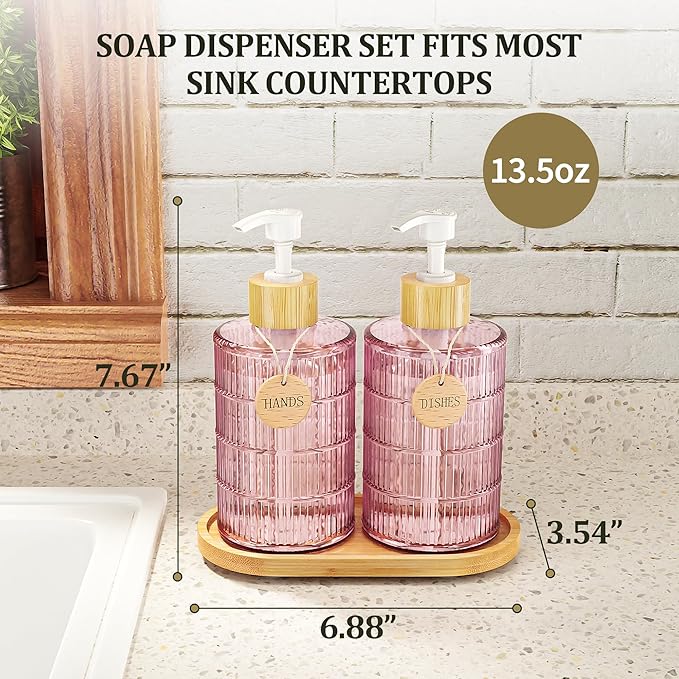 MASADI Soap Dispenser Set with Bamboo Tray, Dish and Hand Soap Lotion Dispenser Set with Wooden Pump for Kitchen and Bathroom Decor for Counter, Modern Vintage Liquid Soap Dispensers (Pink&Bamboo)