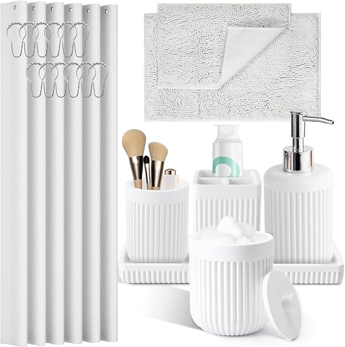 XLHOMO White Bathroom Sets with Shower Curtain and Rugs, 8-Piece Resin Bathroom Accessories Sets Complete with Soap Dispenser, Toothbrush Holder, Tumbler, Tray & Cotton Swab Jars Bathroom Essentials