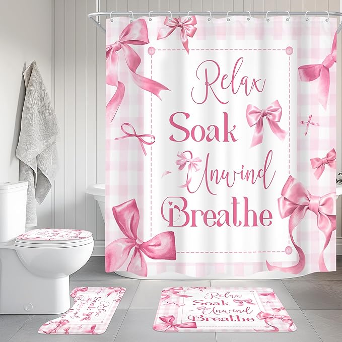 Cinbloo 4Pcs Pink Bow Christian Shower Curtain Set, Coquette Bible Verse Scripture Inspirational Quotes Girly Bathroom Curtain with Rug, Toilet Lid Cover, Bath Mat, Modern Shower Curtain with 12 Hooks