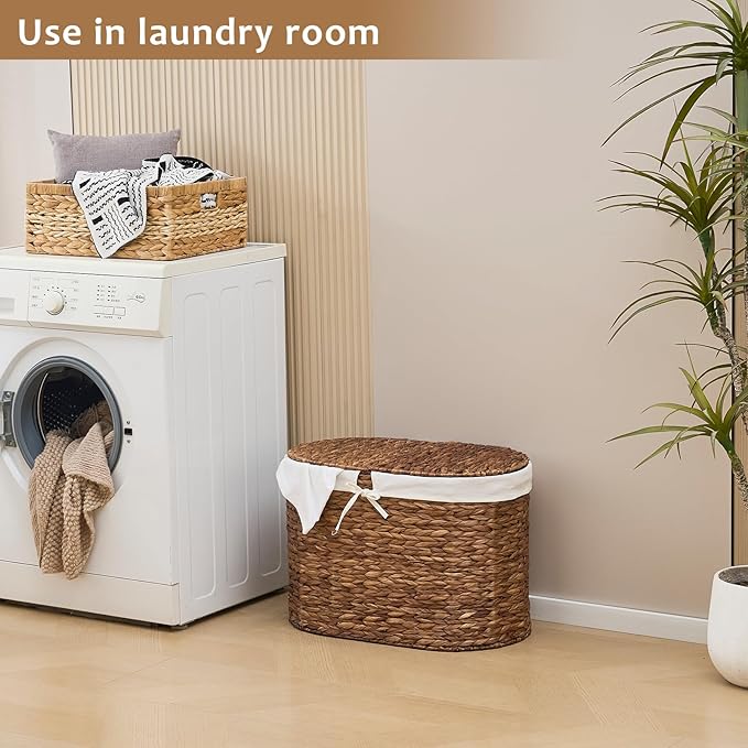 Laundry Hamper with Lid, Handwoven Water Hyacinth Clothes Hamper with Removable Liner Bags, 2 Section Wicker Laundry Basket for Bedroom, Laundry Room and Bathroom (Espresso, 70L)