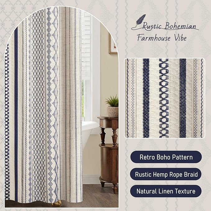 Nave Blue Boho Shower Curtain for Bathroom,Beige Linen with Striped Print and Twine-Inspired Woven Center,72" W x 72" L