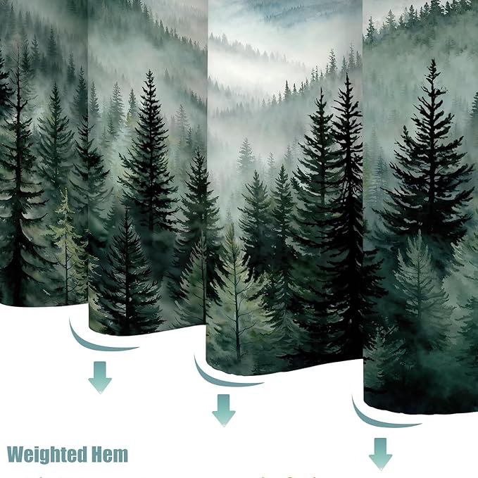 Accnicc Forest Mountain Shower Curtain Dark Green Nature Misty Pine Tree Shower Curtains for Bathroom Foggy Rustic Woodland Decorative Waterproof Fabric Bath Curtain Decor 72×72 Inches