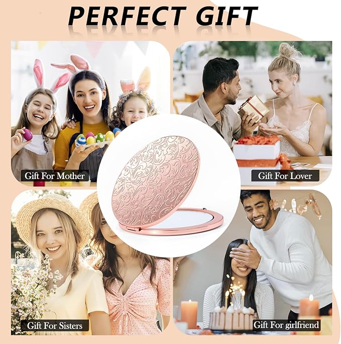 Oval Mini Portable Metal Folding Mirror, Beautiful and Elegant, Sturdy and Durable, 1X/2X Magnifier. (Oval Pattern Pink)