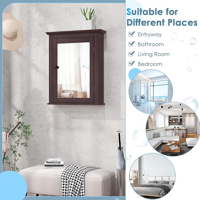COSTWAY Bathroom Medicine Cabinet with Mirror, Wall-Mounted Storage Cabinet Organizer with 5-Position Adjustable Shelf, Hanging Bathroom Wall Cabinet for Living Room Bedroom Entryway (Brown)