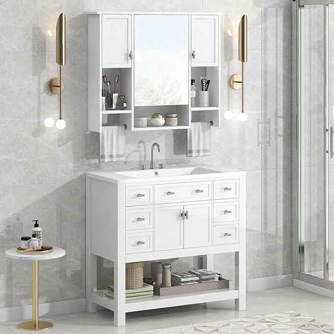Merax Medicine Cabinet with Mirror, Wall Mount Bathroom Cabinet 35" x 28" Over Toilet Storage Cabinet Organizer with Doors, Open Shelves, and Towel Bars, Mirrored Bathroom Wall Cabinet