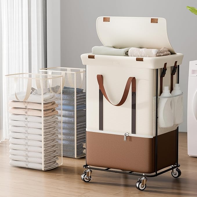 150L Rolling Laundry Basket with Wheels and 2 Removable Bags, Double Laundry Hamper with Lid, 2 Section Large Capacity for Laundry Bedroom Bathroom Dorm, Easy Move & Organize 19.7"x15.7"x31.9", White
