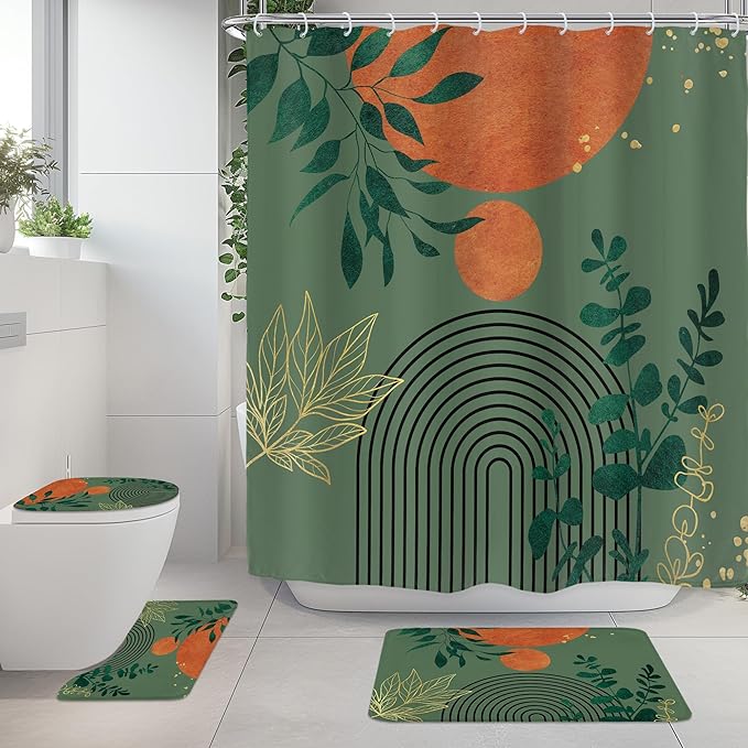 Riyidecor Mid Century 4Pcs Bathroom Shower Curtain Sets Modern Aesthetic Minimalist Geometric Bathroom Decor Set with Rugs and Accessories Abstract Toilet Lid Rug, Contour and Bath Mat with 12 Hooks