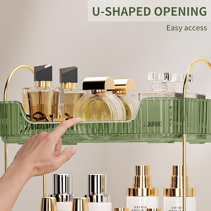 CESTATIVO Bathroom Organizer Countertop, Vanity Trays for Bathroom, Skincare Makeup Shelf, Organizer, Counter Shelf Cosmetics, Toiletries, Lotions, Perfumes (2 Tiers, Green)