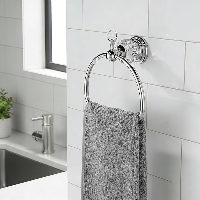 Crystal Towel Ring,Chrome Hand Towel Holder Bathroom,Silver Hand Towel Ring Round Towel Holder Wall Mounted Bathroom Accessories