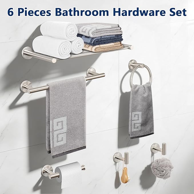 NearMoon Bathroom Accessories Set 6 Pieces, SUS304 Stainless Steel Bathroom Hardware Set, Shower Towel Rack for Kitchen, Towel Holder Wall Mounted (16 Inch, Brushed Nickel)