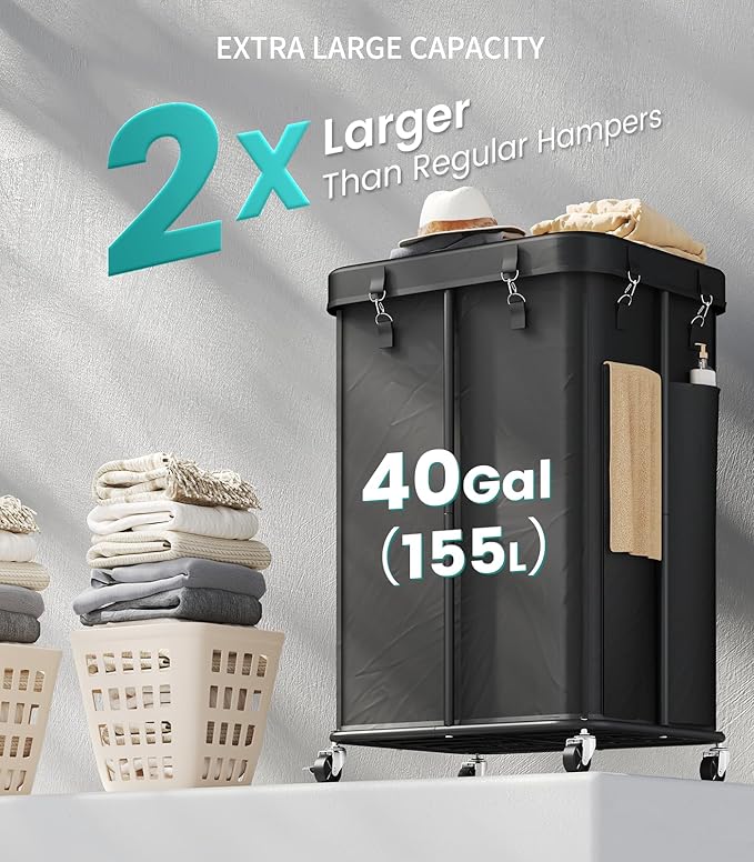 Laundry Hamper with Wheels, Rolling Laundry Basket with Metal Frame and Removable Bag, Double Laundry Hamper 2 Section, Large & Tall Dirty Clothes Hampers for Bedroom Aesthetic, Laundry Room, Bathroom