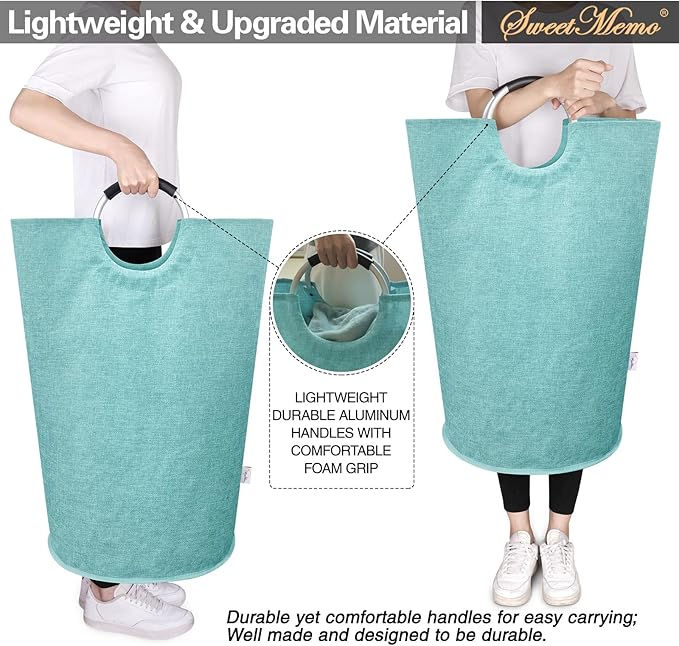 Laundry Hamper Bag, Tall Laundry Basket with Handles, Collapsible Colthes Hamper with Aluminum Handles, Heavy Duty Clothes Hamper for Girls, Dorm, Bedroom, Durable Double Layer. Light Blue