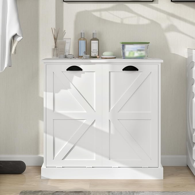 Locsear Laundry Hamper Cabinet with Removable Basket, Double Tilt Out Laundry Hamper, Wood Bathroom Storage, Free Standing Home Organizer, White
