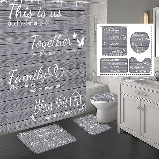 juwute 4Pcs Family Shower Curtain Sets with Non-Slip Rugs, Toilet Lid Cover and Bath Mat, Grey Home Bathroom Decor Set Accessories Waterproof Shower Curtains with 12 Hooks, 72 x 72 Inch