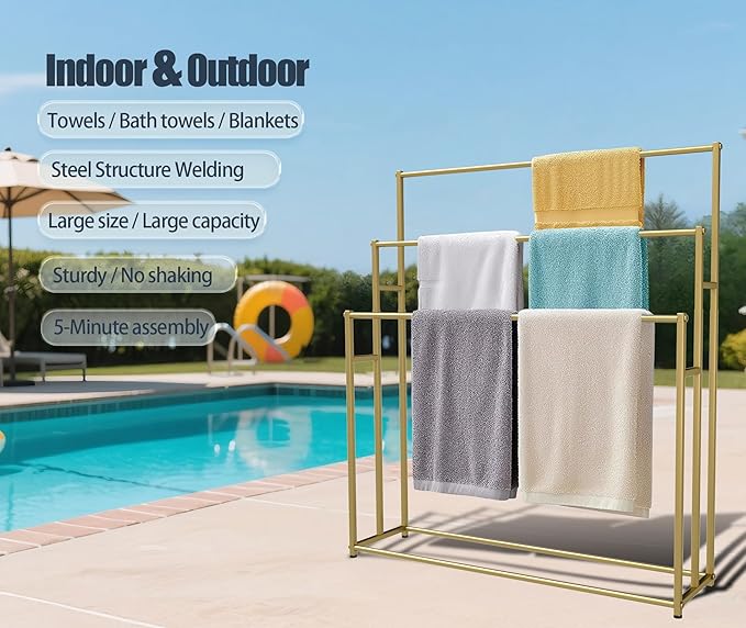 3 Tier Standing Towel Rack - Extra Wide Large Bathroom Towel Stand, Heavy-Duty Metal Towel Drying Rack for Poolside (Matte Gold, 37.4” Wide)
