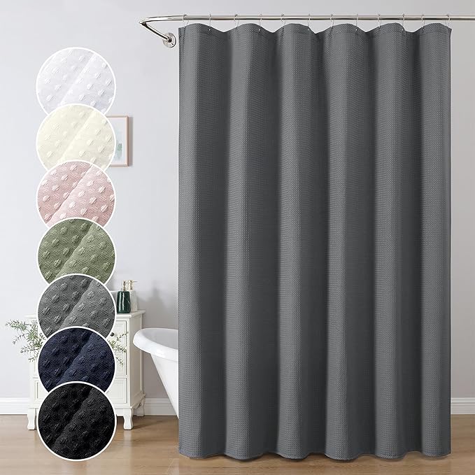 OWENIE Grey Shower Curtain 96 Inch Extra Long, Waffle Weave Textured Fabric Bathroom Curtains, Water Repellent Thick Soft Hotel Spa Luxury Elegant Bath Curtain, Machine Washable, Grey, 72x96 Inch