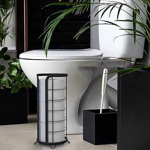 BROOKSTONE Toilet Paper Holder Stand Reserve - Free Standing Toilet Paper Stand with Storage that Holds Mega Rolls, Standing Bathroom Tissue Organizer, Bathroom Decor - Modern Storage Holder, Black
