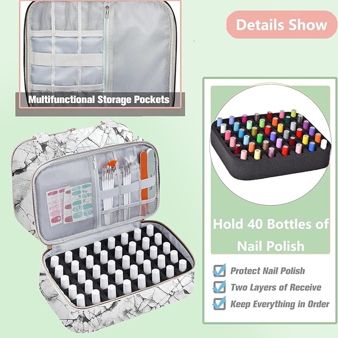 FCQQYWZ Nail Polish Organizer Hold 40+ Bottles Nail Polish & Nail Lamp, Nail Polish Storage Case Double-Layer Nail Polish Bag Nail Polish Holder with Sturdy Handle (WHITE)