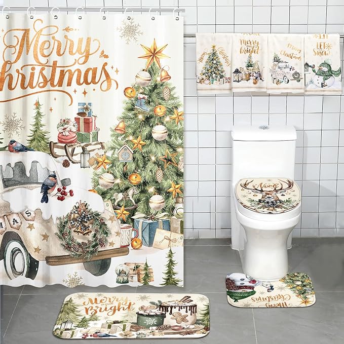 FuWeave 8 Pcs Christmas Shower Curtain Set Xmas Santa Bathroom Decoration Christmas Tree Hand Towels Snowman Toilet Lid Cover Bathroom Rugs Xmas Shower Curtain with Hooks (Vintage Style)