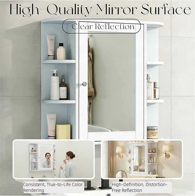 Merax Bathroom Wall Storage Cabinet with Mirror, 26 Inch Medicine Cabinet with Mirror Doors & Adjustable Wood Shelf, Space-Saving Modern Mounted Storage Cabinets with 6 Open Shelves, White
