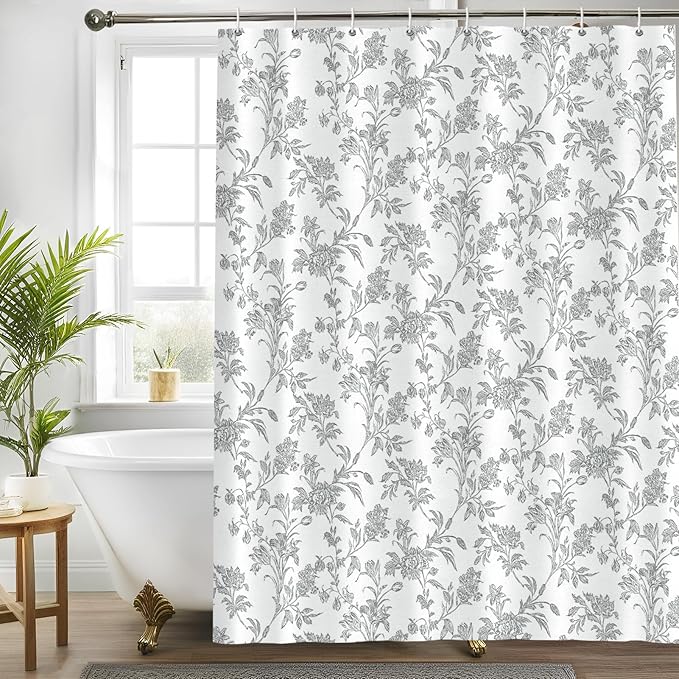 Seorsok Grey Shower Curtain,Sage Cotton Floral Cottagecore,Elegant Floral Fabric Shower Curtain Machine Washable Waterproof Bathroom Decor 72'Wx72'L inches