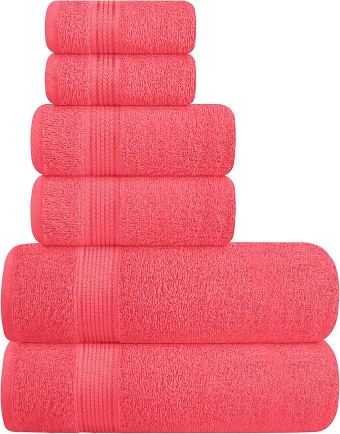 Elvana Home Ultra Soft 6 Pack Cotton Towel Set, Contains 2 Bath Towels 28x55 inch, 2 Hand Towels 16x24 inch & 2 Wash Coths 12x12 inch, Ideal for Everyday use, Compact & Lightweight - Coral Orange