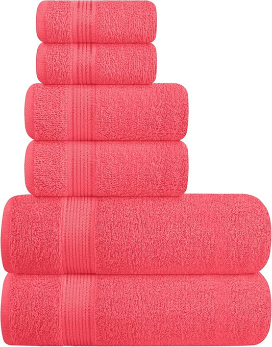 Elvana Home Ultra Soft 6 Pack Cotton Towel Set, Contains 2 Bath Towels 28x55 inch, 2 Hand Towels 16x24 inch & 2 Wash Coths 12x12 inch, Ideal for Everyday use, Compact & Lightweight - Coral Orange