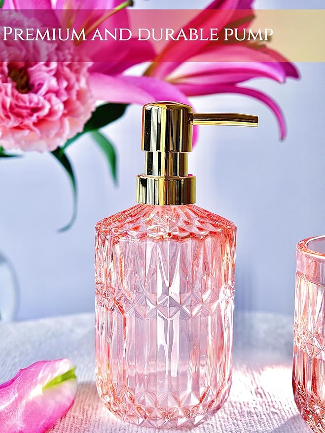 LaMarriti 5pcs Pink Bathroom Accessories Set, Crystal Clear Glass Bathroom Set, Soap Dispenser, Toothbrush Holder Set, Soap Dish, Tumbler, Qtips Holder, Modern Bathroom Decor, Gift Set