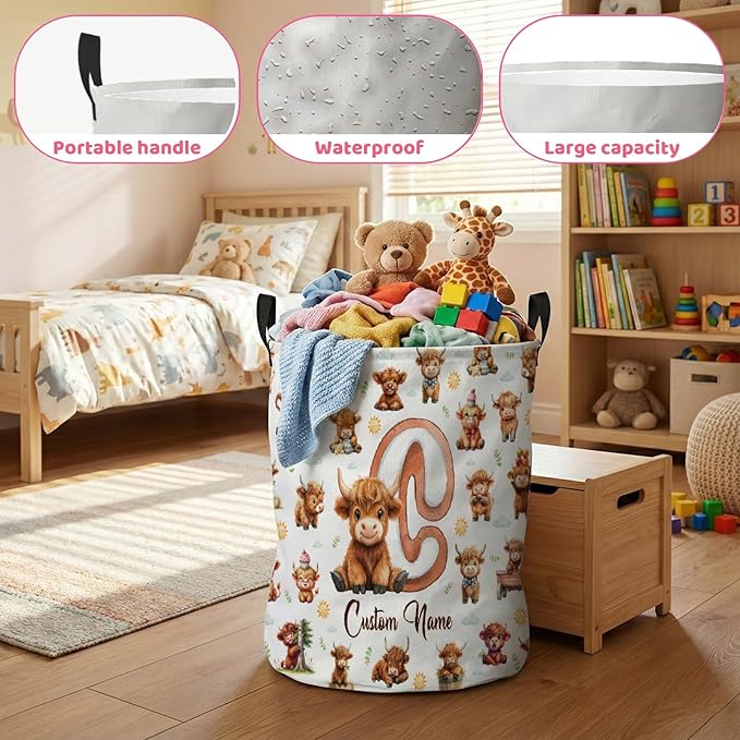 Personalized Highland Cow Laundry Baskets,Custom Cow Gifts, Customized Laundry Hamper for Kids Boys Girls Adults Room,Collapsible Clothes Storage Organizer,16.5 X 13.8in