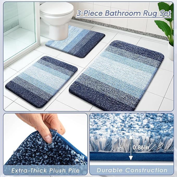 Britimes Navy Blue Stripes Bathroom Sets with Shower Curtain and Rugs, Ombre Modern Abstract Waterproof Shower Curtain Liner and Soft Non Slip Bath Mat for Bathroom Decor and Accessories Hooks